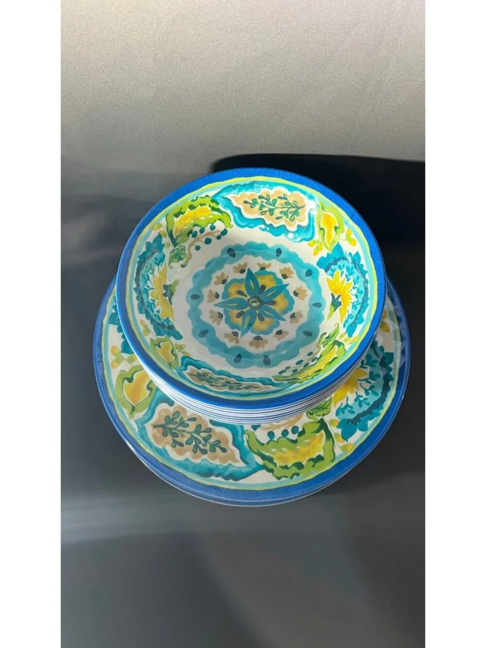 8 Better Homes & Gardens Aqua Watercolor Melamine Dinner Plates & Bowls
